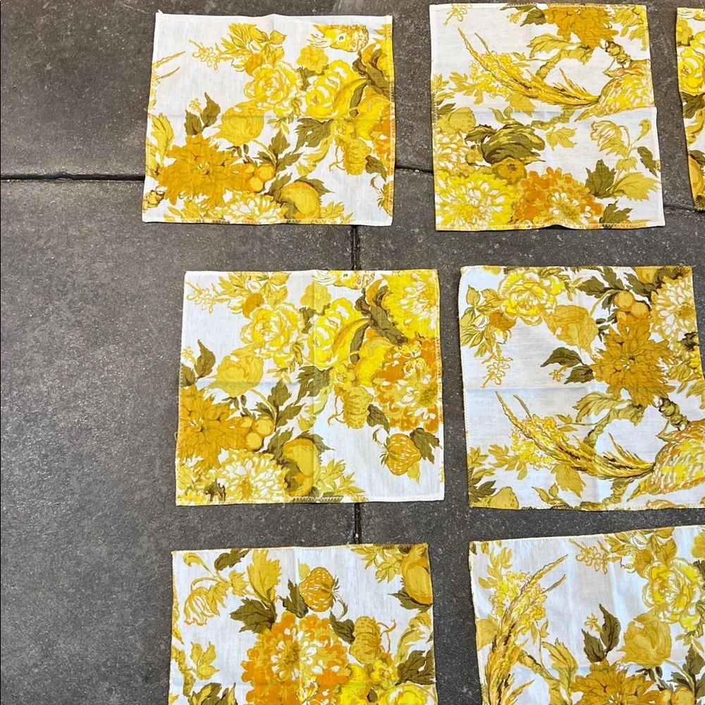 Vintage set of 10 asst size’s floral gold / yellow napkins handmade zig zag hems